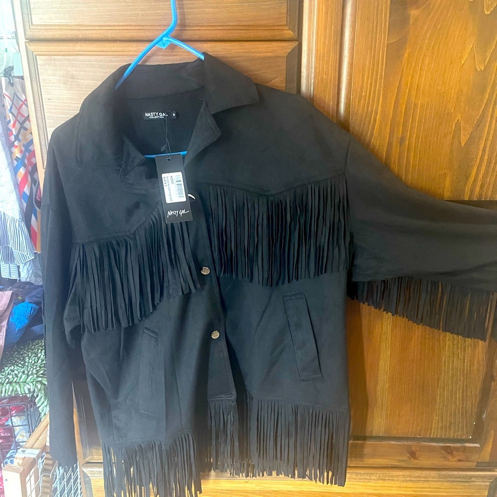 Nasty Gal Black Leather Fringe Jacket